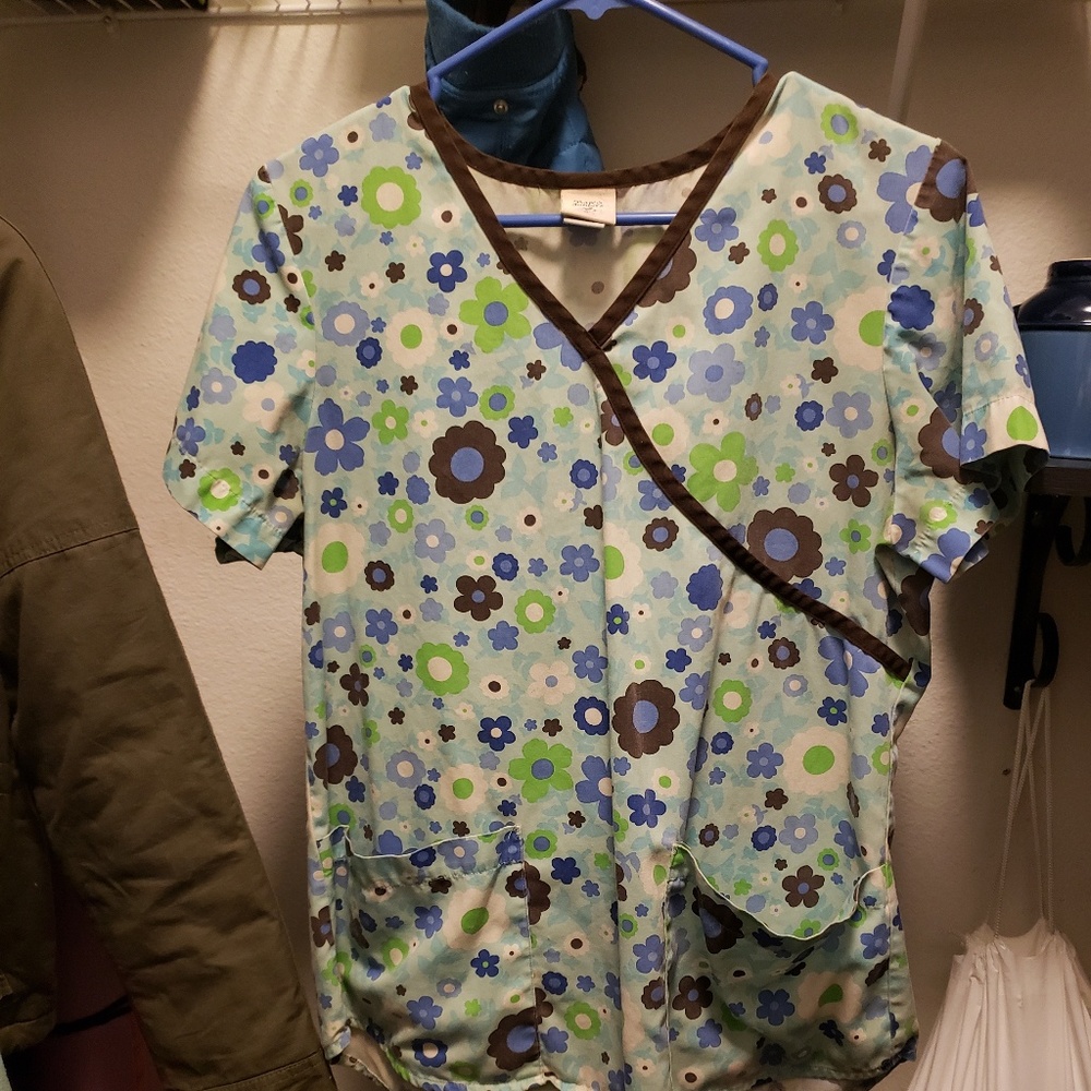 Cute floral mock wrap scrub top